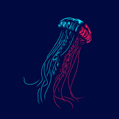 Jellyfish logo with colorful neon line art design with dark background. Abstract underwater marine animal hand drawn sketch vector illustration.