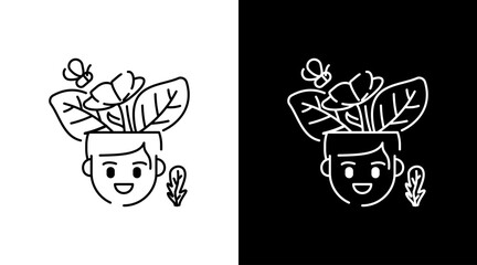 Happy boy with flower bloom outline Doodle Icon Button Design