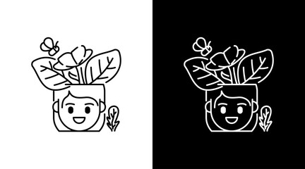 Happy girl with flower bloom outline Doodle Icon Button Design