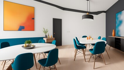 An Illustration Of A Vividly Textured Dining Room With A White Table And Blue Chairs AI Generative