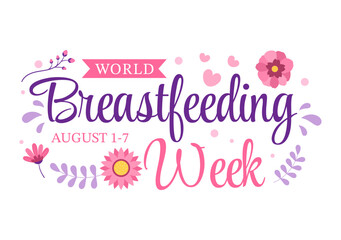 World Breastfeeding Week Vector Illustration of Feeding of Babies with Milk from a Womans Breast in Flat Cartoon Hand Drawn Templates