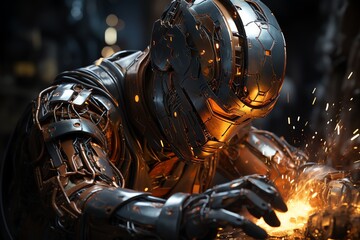 Humanoid robot welding in a factory wallpaper