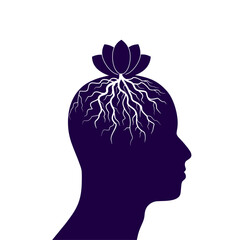 Lotus flower rooted in male head. Mental health and yoga concept