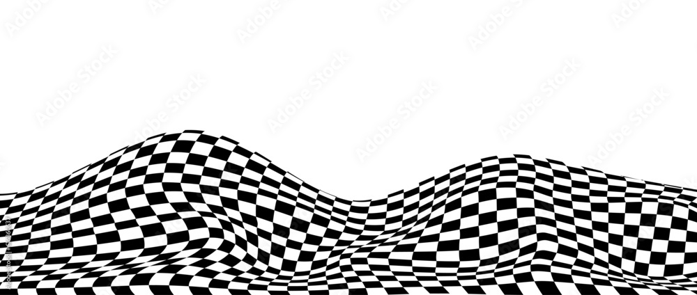 Poster wavy black and white checkered background. curved warped chessboard floor pattern. trippy undulate s