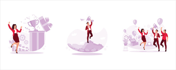 Businesswoman jumping; happily, businessman man holding a trophy and standing on the mountain. Teamwork mates jumping happily, celebrating success. Trend Modern vector flat illustration.