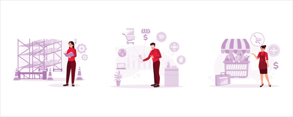 Retail employees record and record goods. Businessman with innovative retail concept via smartphone. Supermarket female employees are promoting products. Trend Modern vector flat illustration.