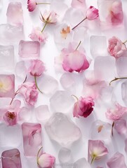 A soft and romantic pink rose, its delicate petals adorned with frosty ice cubes, sits gracefully atop a pristine white surface, a breathtaking contrast of frozen nature and pastel beauty