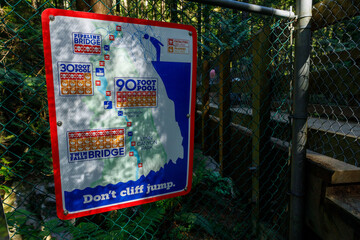 View of Warning sign Dont cliff jump near Twin Falls waterfall  Lynn Canyon Park in North Vancouver. List of fatalities and injuries over the years.