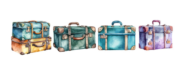 Set of travel luggage suitcase watercolor isolated on white background. Vector illustration