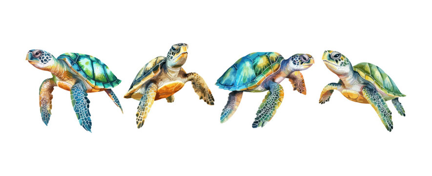 Set of sea turtle watercolor isolated on white background. Ocean animal painting vector illustration