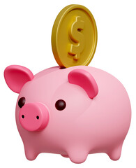 Cute piggy bank with dropping coin 3D render icon illustration. Business financial concept
