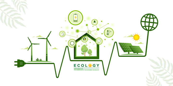 Environmental care and use clean energy from renewable sources concept, Infographic of smart modern eco house or home with windmills farm, Wind power, Solar energy panel, Sustainable of green ecology.