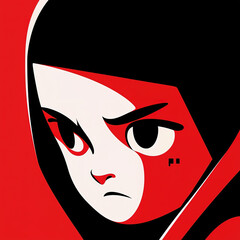 Fototapeta premium illustration of an attentive girl, focused, staring, vector, red and black