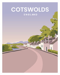 Fototapeta premium beautiful View cotswold village with hills the background and a purple sky from the sunset. vector illustration landscape background.