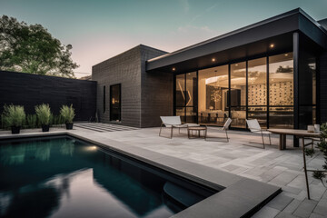 a luxury pool and lawn chairs by a home in the desert, in the style of light white and black, modern urban, ai generative