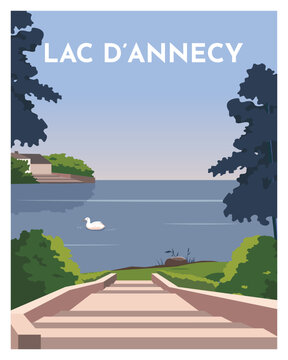 Travel poster of Annecy lake. vector illustration landscape background with colored style.