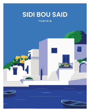 beautiful background landscape of Sidi Bou Said in Tunisia. vector illustration with colored style.