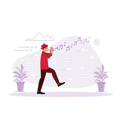 Handsome trumpeter in a hat, playing a jazz song. Trend Modern vector flat illustration.