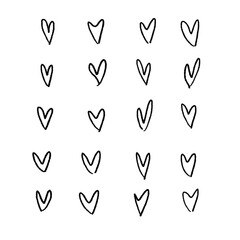 Hand drawn hearts. Design elements for Valentine's day. Hand drawn rough marker hearts isolated on white background. Set of unique hand drawn hearts. Painted design elements.