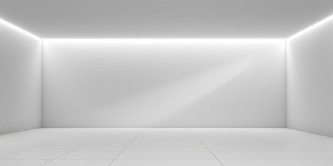 Empty light and dark interior background. White geometrically textured 3D empty wall and smooth light floor with beautiful lighting