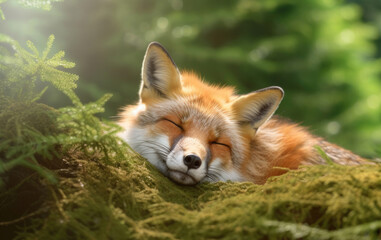 Red fox sleeping in a summer forest, Generative AI