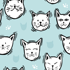 seamless pattern of cat head face cute , vector illustration