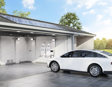 Solar panel on roof generate electricity for home garage with ev charger