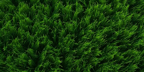 Fototapeta premium Wide format background image of green carpet of neatly trimmed grass. Beautiful grass texture on bright green mowed lawn, field, grassplot in nature