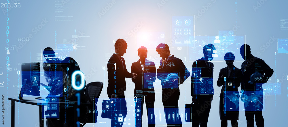 Aufkleber group of multinational people and digital technology concept. digital transformation. system enginee