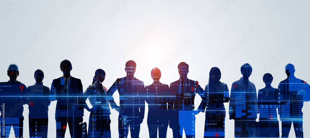Poster Group of multinational people and digital technology concept. Digital transformation. System engineering.