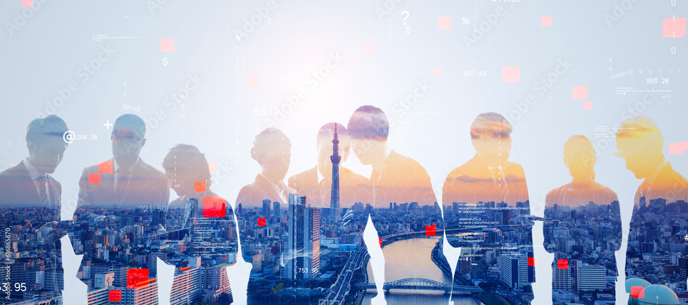 Poster group of multinational people and digital technology concept. digital transformation. system enginee