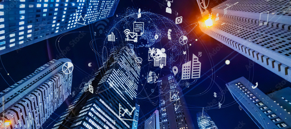 Leinwandbilder modern cityscape and communication network concept. telecommunication. iot (internet of things). 5g.