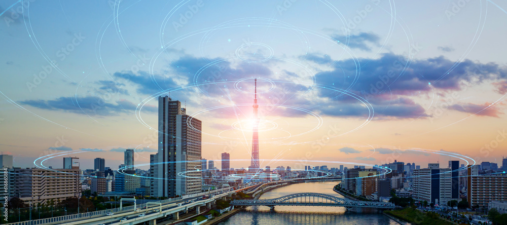 Poster Modern cityscape and communication network concept. Telecommunication. IoT (Internet of Things). 5G. Smart city. Digital transformation. Composite visual with a drone point of view. Mixed media.