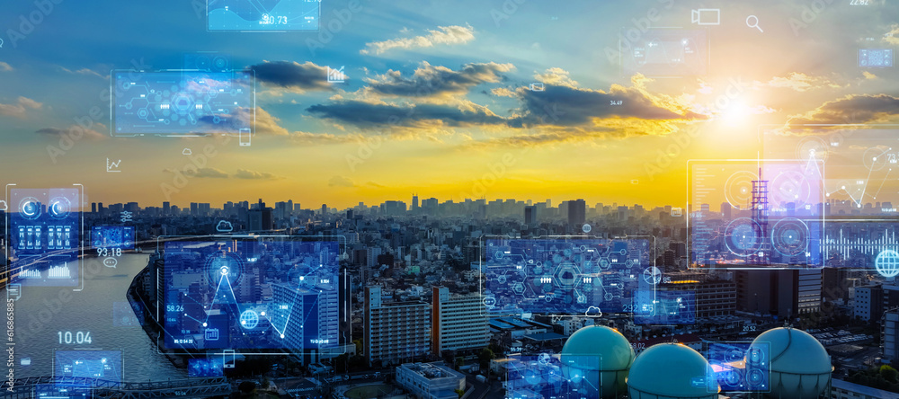 Aufkleber Modern cityscape and digital technology concept. Smart city. Digital transformation. Composite visual with a drone point of view. Mixed media.