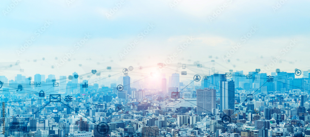 Poster Modern cityscape and communication network concept. Telecommunication. IoT (Internet of Things). 5G. Smart city. Digital transformation. Composite visual with a drone point of view. Mixed media.