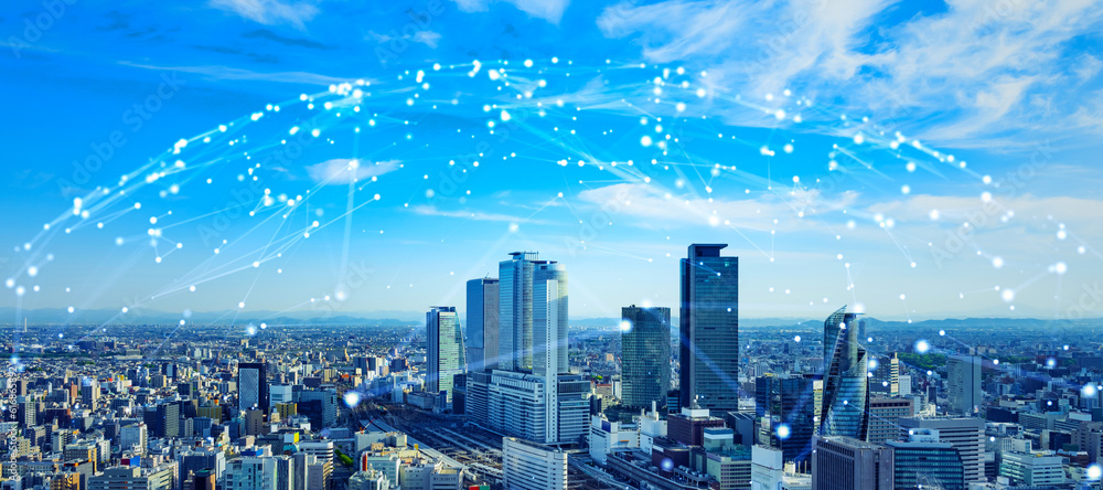 Poster Modern cityscape and communication network concept. Telecommunication. IoT (Internet of Things). 5G. Smart city. Digital transformation. Composite visual with a drone point of view. Mixed media.