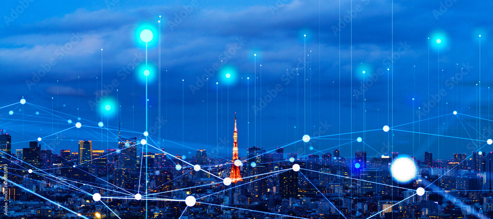 Aufkleber Modern cityscape and communication network concept. Telecommunication. IoT (Internet of Things). 5G. Smart city. Digital transformation. Composite visual with a drone point of view. Mixed media.