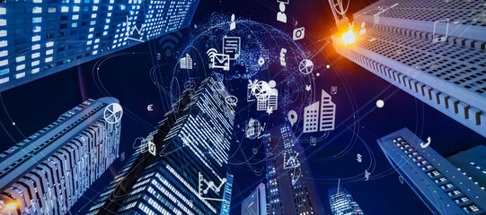 Modern cityscape and communication network concept. Telecommunication. IoT (Internet of Things)....