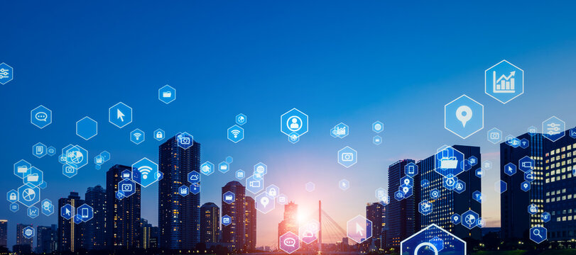 Modern cityscape and communication network concept. Telecommunication. IoT (Internet of Things). 5G. Smart city. Digital transformation. Composite visual with a drone point of view. Mixed media.