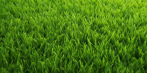 Obraz premium Wide format background image of green carpet of neatly trimmed grass. Beautiful grass texture on bright green mowed lawn, field, grassplot in nature