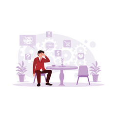 The man was sitting alone in the cafe, holding his head and feeling anxious and stressed. Trend Modern vector flat illustration.