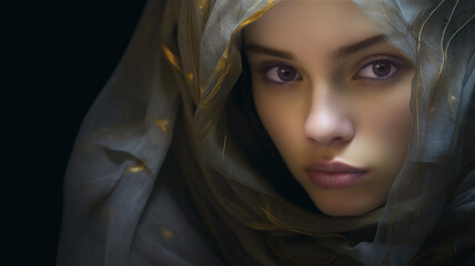 A Studio Portrait of A Beautiful Young Fashion Model Wearing a Scarf