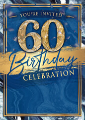 60th Blue and Gold Birthday Party Invitation Template Design