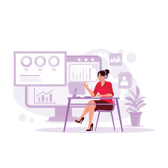 Businesswoman wearing headphones sitting and working with a computer, opening web pages and banners. Trend Modern vector flat illustration.