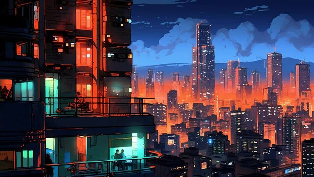 Neo Japan City suitable for cyberpunk neo noir anime footage