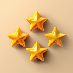 Obraz premium Four golden realistic stars. Golden 3d isolated five stars on dark yellow background. Customer feedback concept. 4 stars rating review. Quality shape design