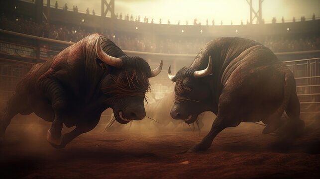 Two Black bulls fighter are fighting in arena