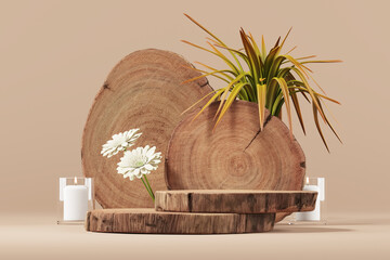 Empty round wooden slats stacked as a product stand. Decorate with flowers and candlesticks. Minimal mockup for product presentation. 3D rendering and clipping path each element.