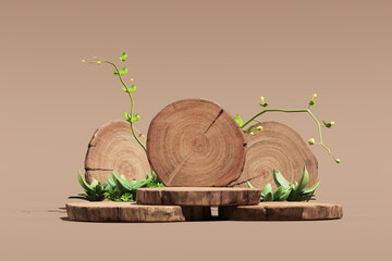 Empty round wooden slats stacked as a product stand. Decorate with small plants. Minimal mockup for product presentation. 3D rendering and clipping path each element.