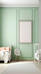 a blank canvas frame hanging above a bedroom baby girl in empty room scandanavian style calming and introspective aesthetic interior design generative ai